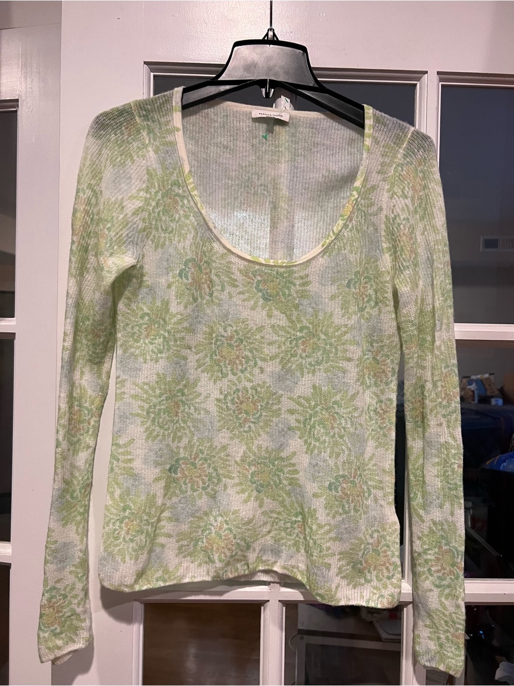 Rebecca Taylor Light Green wool mFloral Scoop Neck Long Sleeve Top